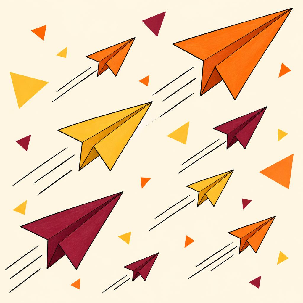 Cover art: paper planes in orange, yellow and maroon