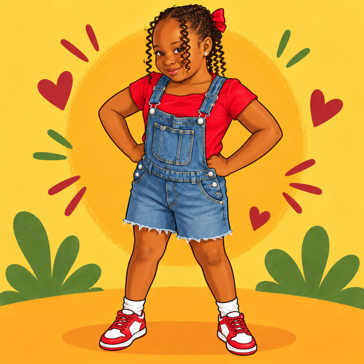 Cartoon illustration of the artist, standing with her hands on her hips